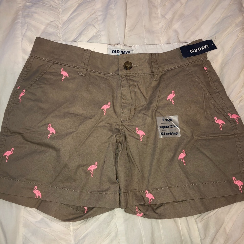 Flamingo Print Khaki Shorts